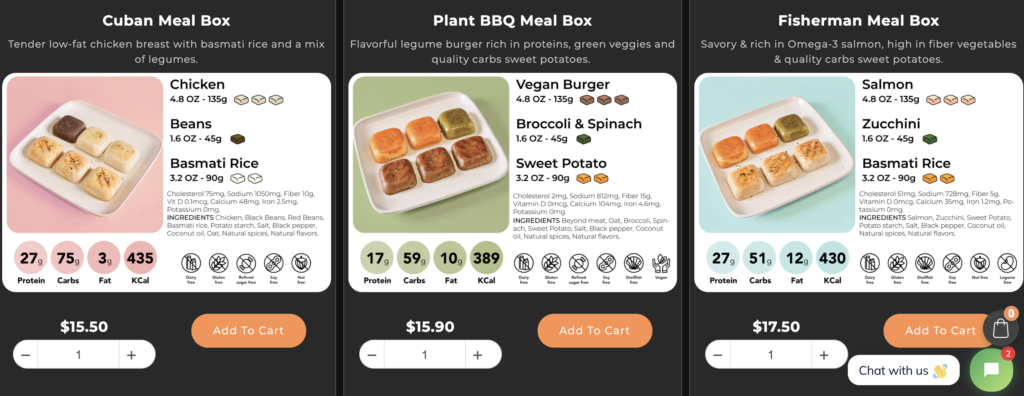 screenshot of meal boxes