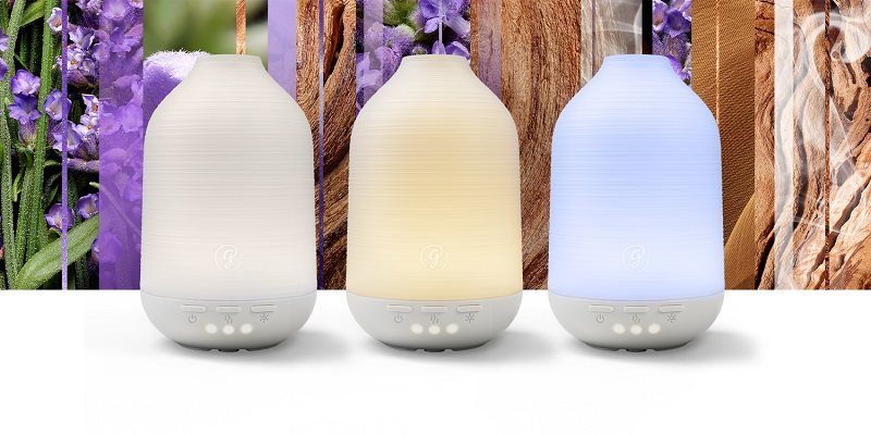 oil diffusers in grey, yellow and blye